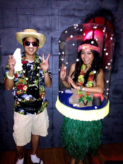 Christmas In July Costume Ideas, Snow Globe Costume Diy, Christmas Luau Outfit, Luau Christmas Party Outfit, Hawaiian Christmas Party Outfit, Hawaii Theme Party Outfit Ideas, Snow Globe Costume, Candle Costume, Homemade Snow Globes