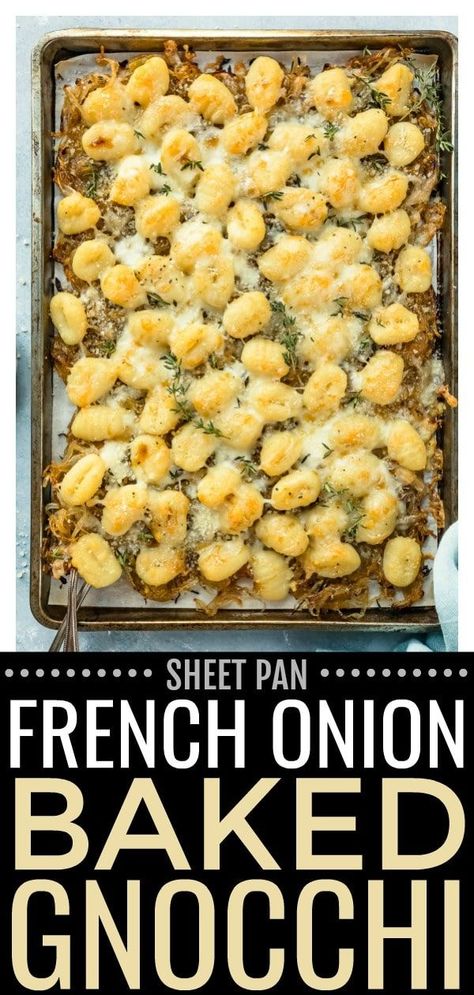 This French Onion Baked Gnocchi is made on one sheet pan!  This super cheesy tray bake has all the classic flavors of french onion soup you love turned into a fork and knife, easy weeknight meal! #baked #gnocchi #onepan #recipe #easy via @nospoonn French Onion Gnocchi Recipes, Gnocchi Tray Bake, Gnocchi Side Dish Recipes, Bake Gnocchi, Baked Gnocchi Recipes, Gnocchi Sheet Pan Dinner, French Onion Gnocchi, Onepan Recipe, Sheet Pan Gnocchi