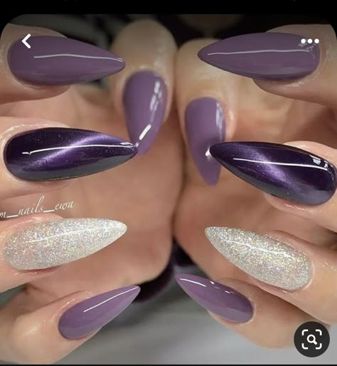 Purple Acrylic Nails, Nails With Glitter, Almond Acrylic Nails, روتين العناية بالبشرة, Cat Eye Nails, Nails And Hair, New Nails, Fabulous Nails, Nail Design Ideas