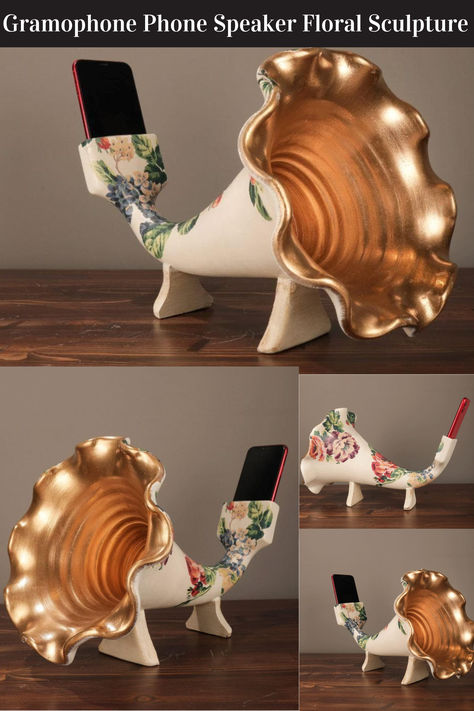 The Gramophone Phone Speaker Floral Sculpture is a unique blend of vintage design and modern functionality. Crafted with intricate floral details, this elegant piece serves as both a decorative sculpture and a high-quality phone speaker. Its classic gramophone shape amplifies sound effortlessly, creating a charming focal point in any room while offering an enhanced listening experience. Unique Diy Decor Ideas, Uniqur Gifts, Unique Home Art, Cool Room Decor Items, Mediterranean Office, Fun Apartment Decor, Cute Room Decorations, Eclectic Apartment Decor, Statues For Home Decor