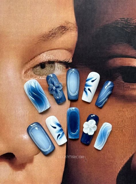 Blue spray nails/Trendy nails/Blue press on nails long /Blue nails/3d flower nails/Dreamy nails/blue and white porcelain nail What Matches With Blue, Light Blue 3d Flower Nails, North Carolina Nails, Blue Acrylic Nail Designs Ideas, Blue 3d Nail Art, Light Blue And Navy Nails, Carribean Blue Nails, Icy Blue Nail Designs, Blue Nail Inspo Square