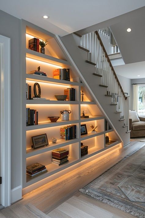 29 Staircase Storage Under Stairs Ideas for Clever Home Organization 3 Stairs In Hall, Under Stair Shelving, Staircase Down Area Design, Staircase Cabinet Design, Indoor Stairs Ideas, Bookcase Under Stairs, Under Staircase Design, Under Stairs Decor, Open Under Stairs Ideas