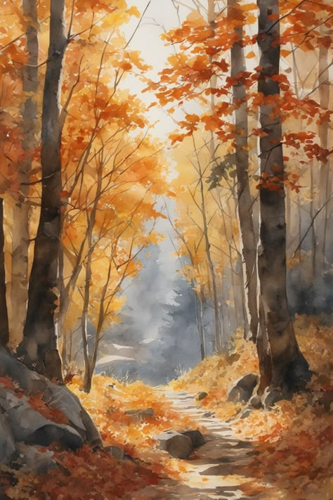 Autumn Forest Watercolor, Fall Forest Watercolor, Autumn Forest Drawing, Autumn Landscape Drawing, Autumn Watercolor Landscapes, Autumn Watercolor Paintings, Autumn Trees Painting, Autumn Forest Painting, Watercolor Fall Leaves