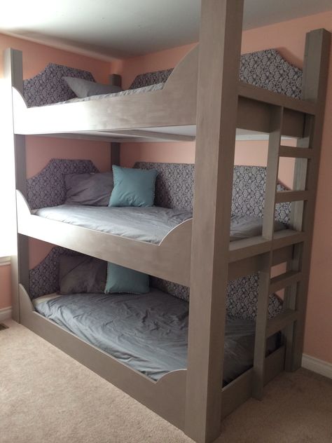 Custom triple bunk #triplebunk #bunkroom Tripple Bunk Bed, Woman Woodworker, Staff Quarters, Bedroom Girly, Shared Boys Rooms, Triple Bed, Bed Measurements, Bunk Bed Plans, Triple Bunk Beds