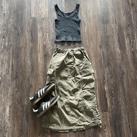 cargo maxi skirt   💌 khaki green cargo utility maxi... - Depop Cargo Midi Skirt, Fall Skirt, Green Cargo, Midi Length Skirts, Cargo Skirt, Fall Skirts, Lots Of Pockets, Downtown Girl, Khaki Green