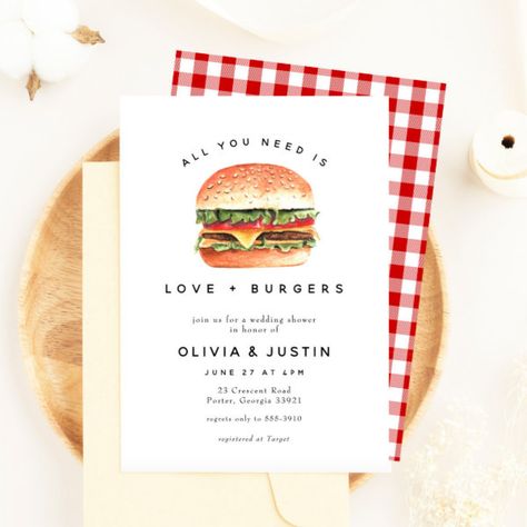 Love + Burgers Picnic BBQ Wedding Shower Invitation Couples Wedding Shower Picnic, Cookout Wedding Shower Ideas, Bbq Bridal Shower Ideas, Couple Shower Themes, Wedding Shower Ideas For Couples, Bridal Bbq, Couples Shower Ideas, Couples Wedding Shower Themes, Food Invitation