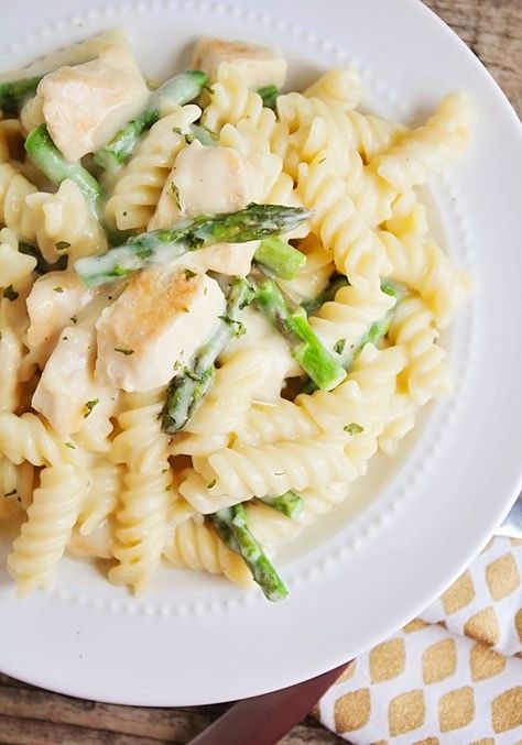 This flavorful and delicious chicken and asparagus pasta is the perfect light dinner or lunch for a busy day! Chicken Asparagus Pasta, Asparagus Pasta Recipes, Pasta Food Recipes, Chicken And Asparagus, Pasta With Chicken, Creamy Pasta Dishes, Asparagus Pasta, Chicken Asparagus, Calorie Meals