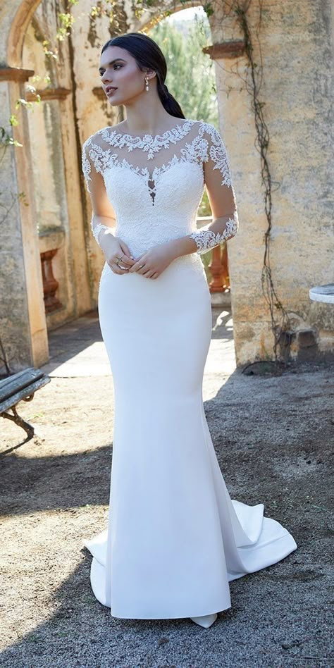 Long Sleeve Illusion Lace Wedding Dress, Trumpet Gown Wedding, Simple White Wedding Dresses, Simple Wedding Dress Lace, Simple Wedding Gown, Country Style Wedding Dresses, Wedding Gown Simple Elegant, Dresses Country, Lace Bridal Dress