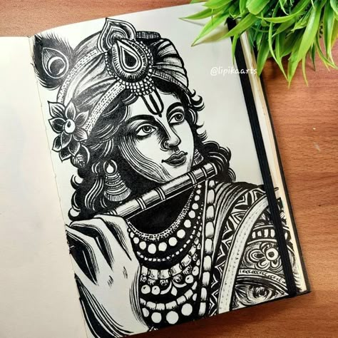 Lord Krishna Acrylic Painting, Anime Pen Art, Krishna Acrylic Painting, Sketches With Pen, Black Pen Art, Pen Arts, Black Pen Drawing, Pencil Arts, Mandala Sketch