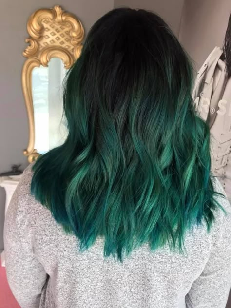 Black and green hair Black With Emerald Green Hair, Ombre Green Hair Color, Black Root Green Hair, Black To Dark Green Ombre Hair, Black And Green Balayage, Black To Emerald Green Hair, Emerald Balayage Hair, Forest Green Ombre Hair, Brunette Hair With Green Highlights