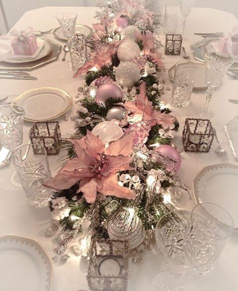 Christmas Pink Table Decor, Pink And Silver Christmas Decorations, Rose Gold Christmas Centerpieces, Pink White Silver Table Decor, Pink Poinsettia Centerpiece, Pink And Silver Christmas Table, Pink Holiday Tablescape, Rose Gold Christmas Table Setting, Pink And Gold Christmas Table Decor