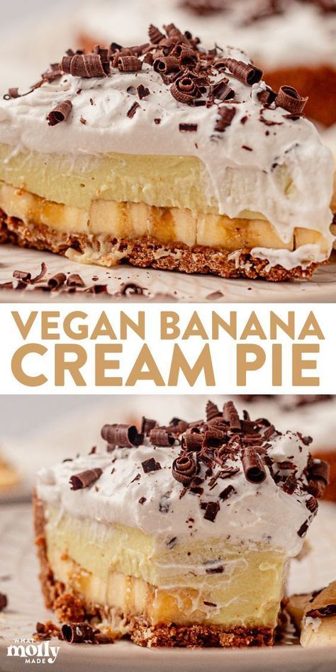 two images of a piece of vegan banana cream pie on a plate Vegan Cream Dessert, Things To Make With Oat Milk, Dairy Free Banana Cream Pie, Vegan Cream Pie, Vegan Pie Recipes, Vegan Banana Cream Pie, Vegan Pies Recipes, Patisserie Vegan, Pecan Crust