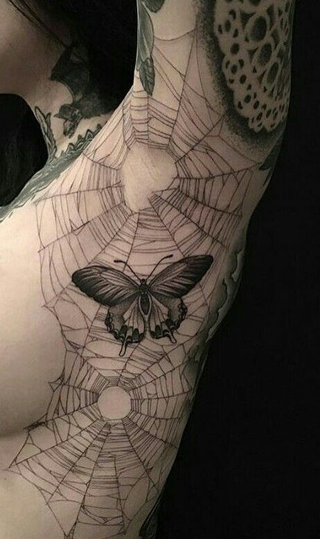 Spider Web Tattoos On Elbow, Spiderweb Tattoo Sleeve Filler, White Ink Spider Web Tattoo, Spiderweb Rib Tattoo, Covered In Tattoos Women, Spiderweb Arm Tattoo, Spiderweb Filler Tattoo, Floral And Bug Sleeve Tattoo, Spiderweb Armpit Tattoo