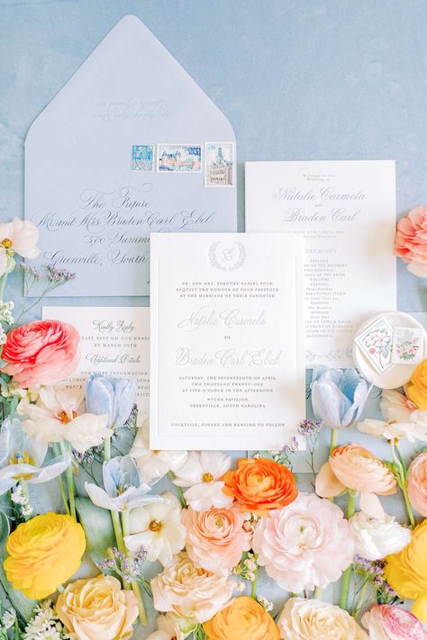 natalie-brady-wedding-invites-0621 Pastel Wedding Flowers Bridal Bouquets, Wedding Caligraphy, Martha Stewart Wedding, Whimsical Wedding Theme, Open Air Wedding, Small Outdoor Wedding, Spring Wedding Ideas, Stickers Packaging, Colorful Invitations