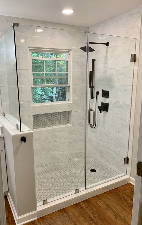 3 Shower Head Showers, Dream Home Bathroom, Bathroom Renovation Shower, Basement Bathroom Remodeling, Showers Bathroom, Lake House Bathroom, Luxury Bathroom Design, Shower Renovation, Full Bathroom Remodel