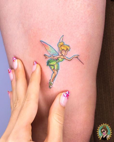 Sassy Tinkerbell Tattoo, Tinkerbell Tattoo Color, Genie Tattoo Disney, Disney Tattoos Tinkerbell, Disney Color Tattoos, Disney Tattoos Color, Tiana Tattoo Ideas, Tiny Tinkerbell Tattoo, Classic Disney Tattoos