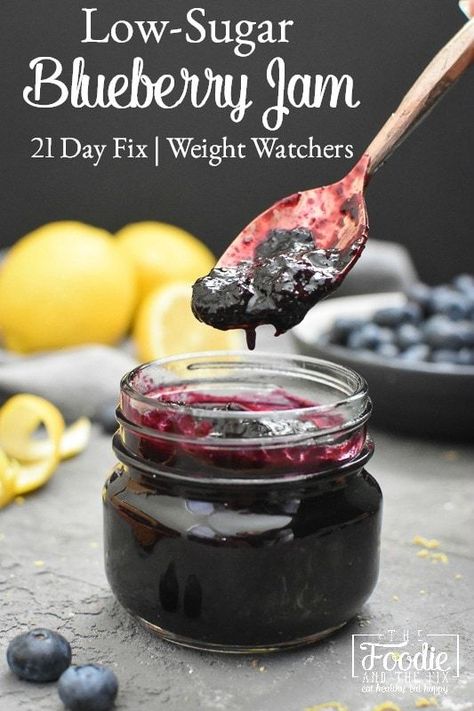 This easy and delicious Low-Sugar Quick Blueberry Jam requires no pectin or canning! It's low in calories, too, so it's perfect for 21 Day Fix or Weight Watchers! #21dayfix #ultimateportionfix #portionfix #weightwatchers #beachbody #weightloss #mealprep #healthy #healthybreakfast #breakfast #kidfriendly #glutenfree #dairyfree #vegan #vegetarian #mothersday #brunch #healthybrunch #quick #easy Easy Blueberry Jam No Pectin, Healthy Blueberry Jam Recipe, Blueberry Jam Recipe Easy No Pectin, Low Sugar Blueberry Jam Recipe, Low Sugar Blueberry Jam, Sugar Free Blueberry Jam, Fruit Jam Recipes, Blueberry Jelly, Low Sugar Jam