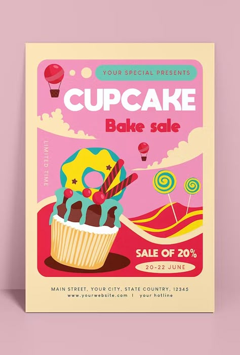 Advertisement Poster Drawing, Cupcake Flyer Design, Promotion Design Poster, Cupcake Poster, Cupcake Advertisement, Cake Shop Poster Design Ideas, Cake Offer Poster Design, Cupcake Social Media Design, Bakery Promotion Poster