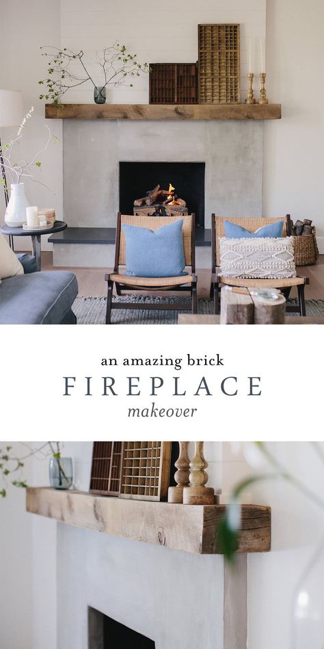 Brick Fireplace With Beam Mantle, Grey Brick Fireplace With Wood Mantel, Fireplace Without Brick, Grey Tile Fireplace With Wood Mantle, Beam Over Fireplace, Wood Beam Mantle Brick Fireplace, Renovating Brick Fireplace, Brick Fireplace With Seating Ledge, White Tile Fireplace Wood Mantle