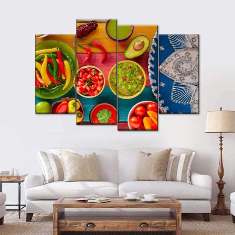 Modern Mexican Decor Restaurant, Mexican Wall Art Home Decor, Cool Mexican Restaurant Decor, Mexican Kitchen Artwork, Restaurant Artwork, Mexican Room, Multi Canvas Painting, Mecican Wall Art, Shelves Decor