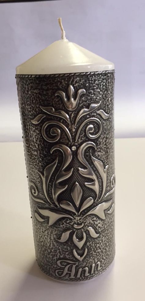 Pewter Art Ideas, Pewter Embossing, Aluminum Foil Crafts, Pop Can Crafts, Metal Embossing Art, Fancy Candles, Soda Can Crafts, Pewter Art, Aluminum Foil Art