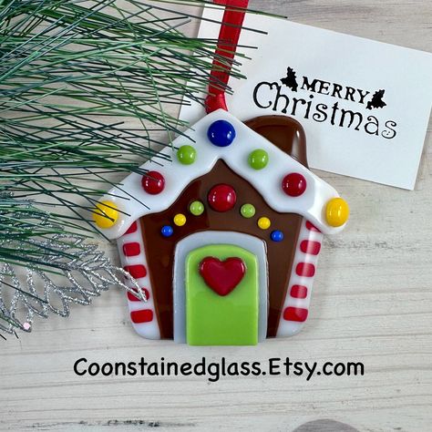 Fused Glass Gingerbread House Ornament, Christmas Tree Ornament, Holiday Decor, Candy House, Glass House, Glass Ornament, Winter Decor, Gift by CoonStainedGlass on Etsy Fused Glass Gift Ideas, Glass Fused Ornaments, Fused Glass Christmas Tree Ornaments, Fused Glass Gingerbread House, Fused Christmas Ornaments, Fused Glass Christmas Decorations, Fused Glass Ornaments Christmas, Christmas Fused Glass Ideas, Glass Fusing Ideas