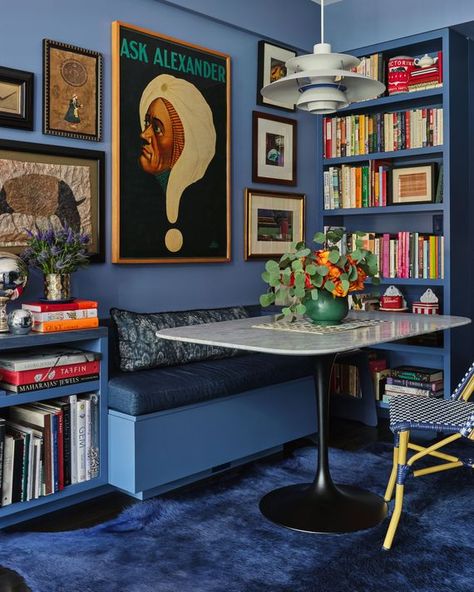 Bright Blue Interior Design, Cornflower Blue Walls, Bright Blue Office, Bright Blue Living Room, All Blue Room, Bright Blue Room, Maximalist Dining Rooms, Bright Blue Walls, Colorful Home Office