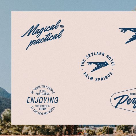 Heavy Branding on Instagram: “✨ High fives all around for the epic visual identity and copywriting we created for Skylark, the most happening hotel in Palm Springs 🌞🌴⛰️” Palm Springs Postcard, Palm Springs Graphic Design, Palm Springs Branding, Vintage Hotel Branding, Vacation Branding, Coastal Hotel, Palm Springs Design, Travel Logo Design, Palm Springs Hotel