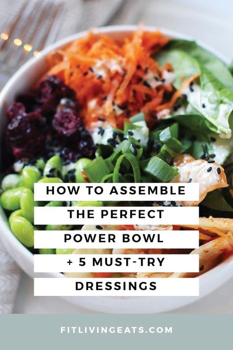 Learn how to assemble a power bowl and get five of my favorite dressings to take your power bowl game a notch. Power bowls are great meal options because they're so versatile and can be prepped ahead, saving you time in the kitchen during the week. #PowerBowls #MealPlan #MealPrep #Vegan #PlantBased #PowerBowlRecipes Bjs Brewhouse Power Bowl, Dressings For Power Bowls, Cold Power Bowls, Meal Prep Power Bowls, Power Bowl Sauces, Power Bowl Dressing, Build Your Own Bowl, Vegetarian Dressing, Quick Nutritious Meals