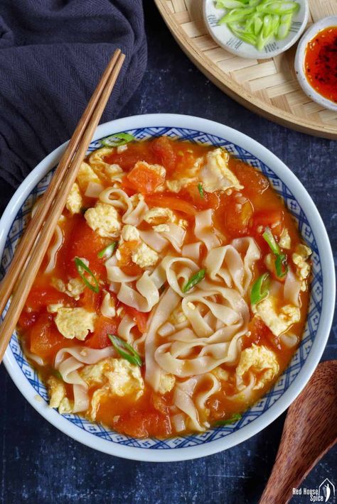 Very easy to make and tastes wonderful, tomato and egg noodle soup requires minimum ingredients and preparation. A dish everyone should learn to cook. #redhousespice Egg Noodle Soup, Sukiyaki Recipe, Tomato And Egg, Chinese Noodle Recipes, Asian Soup Noodle, Gf Meals, Egg Noodle Recipes, Asian Recipe, Asian Noodle