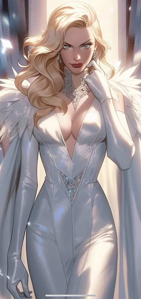 Female X Men Characters, Emma Frost Inspired Outfits, Blonde Superhero, Male Superhero, White Superhero Suit, Superhero Drawing Reference, Frost Drawing, White Queen Marvel, Emma Frost Icons