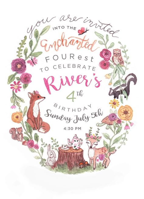 River's Enchanted FOURest | CatchMyParty.com Enchanted Forest 2nd Birthday, Enchanted Forest Birthday Invitations, Enchanted Forest Party Invitations, Forth Birthday Themes, Enchanted Four-est Party Invitations, Enchanted One Birthday, Enchanted Forest Birthday Party Ideas, Enchanted Four-est Birthday Party, Fairy 4th Birthday Party