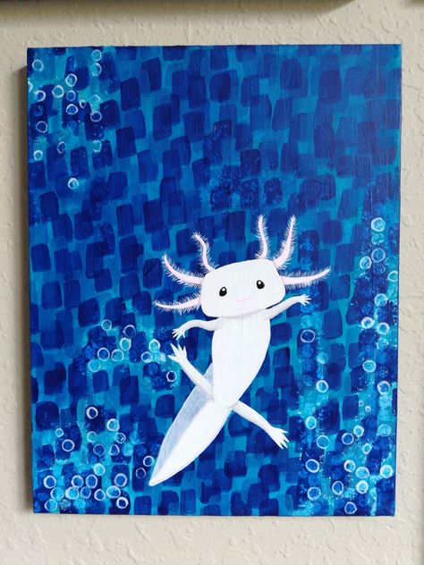 Axolotl painting in all its glory.  "That awkward teenage phase" 11x14 acrylic on canvas Original and prints available. Axolotl Painting Easy, Axolotl Painting, Axolotl Watercolor, Axolotl Canvas Painting, Axolotl Poster, Axolotl Swimming, Time Kids, Crafts Hacks, Mini Canvas