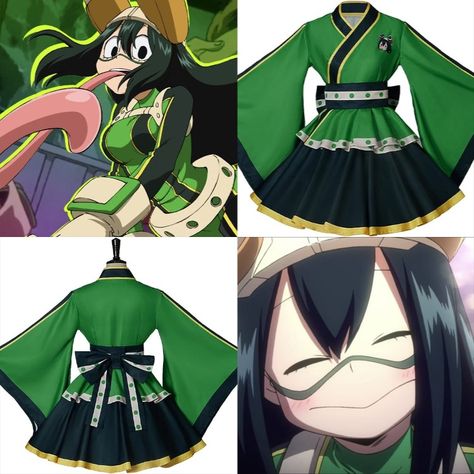 MHA Froppy, Tsuyu "Tsu" Asui, Cosplay Kimono Dress, is made of high-quality polyester fiber, breathable, and soft. Comes with a top, skirt, and belt. Comes in 7 different sizes. Perfect for anime conventions like Comic Con, Anime Expo, and can be worn as a Halloween costume. Click on link to view item! Tsu Asui, Mha Froppy, Kimono Dress Outfit, Froppy Tsuyu, Cute Kimonos, My Hero Academia Cosplay, Cosplay Cute, Costume For Women, Anime Expo