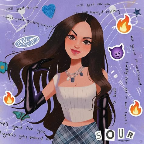 Olivia Rodrigo Digital Art, Oliva Rodrigo Drawing, Olivia Rodrigo Cartoon, Olivia Rodrigo Fan Art, Olivia Rodrigo Fanart, Olivia Rodrigo Art, Too Emotional, Purple Cartoon, Good 4 U