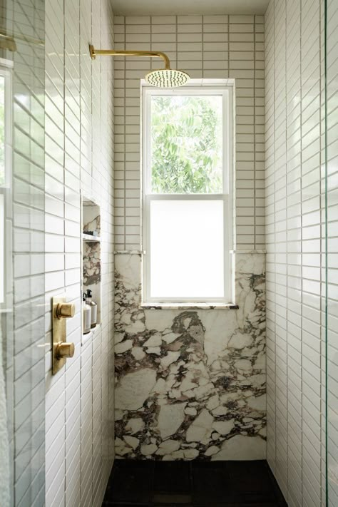 Avenue H — Emily Lauren Interiors Viola Marble Bathroom, Panelled Bathroom, Honed Marble Floor, Primary Bathrooms, Glass Blocks Wall, Teen Bathrooms, Luxe Bathroom, Calacatta Viola, Neutral Bathroom