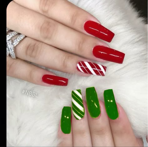 Red White And Green Acrylic Nails, Green And Red Nails Ideas, Green And Red Candy Cane Nails, Red And Green Christmas Nails Coffin, One Hand Red One Hand Green Nails, Red And Green Christmas Nails Acrylic, Red And Green Christmas Nails Simple, Green Red And White Nails, Christmas Nail Designs Red And Green