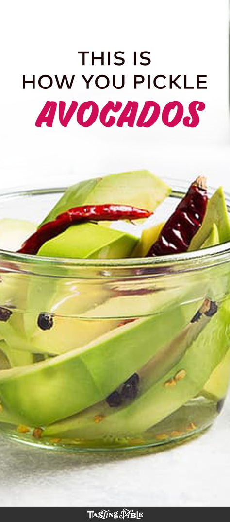 Put hard avocados to good use right away by soaking them in brine for quick two-hour pickles. sub a no carb sweetener to make this a good idea for us low carbers. Pickled Avocado Recipe, Homemade Pickles, Pickled Veggies, Tuna Recipes, Meals In A Jar, Tasting Table, Pickling Recipes, Avocado Recipes, Fermented Foods