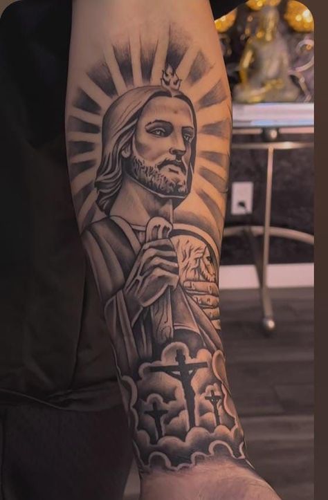 San Judas Arm Tattoo, San Judas And Virgen Tattoo Together, 3 Crosses Tattoo Men, San Judas Tattoo Design, St Jude Tattoo, St. Jude Tattoo, Cr7 Tattoo, San Judas Tattoo, Virgen Mary Tattoo