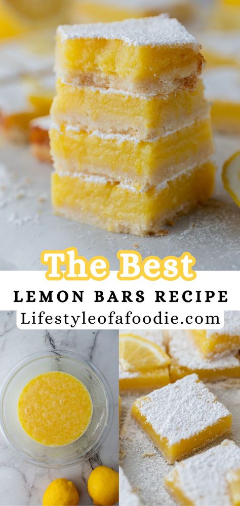 This easy lemon bars recipe is the best way to indulge in sweets during the hot summer months. Made with a crisp shortbread crust and a filling that has an intense lemon flavor, these homemade lemon bars will satisfy the ultimate lemon craving. Easy Lemon Slice Recipe, Best Lemon Bar Recipe, Thick Lemon Bars, 1 Lemon Recipes, Limoncello Bars Recipe, Easy Lemon Bars Recipe, Homemade Lemon Bars Recipe, Small Batch Lemon Bars, Best Lemon Bars Recipe