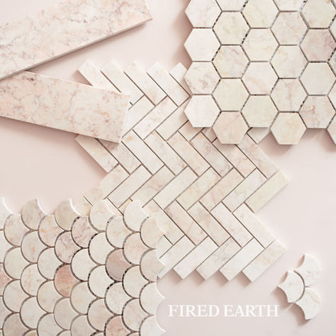 These tiles offer a gentle, warm feel with all the natural elegance and romance of pink marble. Their subtle rosy hue adds a unique charm in a host of rooms and they are perfect used alone or with others from the range. Pink And White Marble Bathroom, Pink Zellige Tile Bathroom, Rose Tile Bathroom, Blush Bathroom Tiles, Girls Bathroom Floor Tile, Pink French Bathroom, Light Pink Tile Bathroom, Warm Tile Bathroom, Scalloped Tile Bathroom