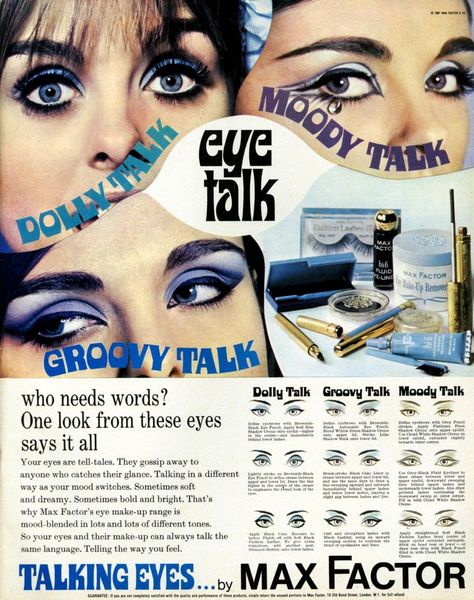 Max Factor, Talking Eyes Ad, 1967 #MaxFactor 1960s Eye Makeup, 1960s Makeup Tutorial, 60’s Makeup, Max Factor Makeup, 1960s Makeup, Vintage Makeup Ads, 60s Makeup, Makeup Ads, Retro Makeup