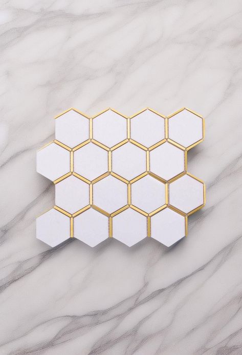 Inlay Brass Gold Hexagon White Tile Elegant Sophisticated, Creative Background, White Tiles, Brass Gold, Design Aesthetic, How To Look Classy, Natural Stone, Natural Stones, Swimming Pools