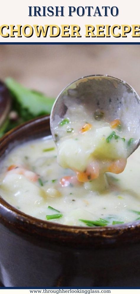 Creamy Irish potato chowder loaded with veggies and creamy delicious vegetable stock. The leftovers taste even better. #soup #potatosoup #irishsoup #chowder Irish Potato Soup Crock Pot, Irish Potato Soup Recipes, Potato Chowder Soup, Irish Meals, Irish Soup, Potato Chowder Recipes, Irish Potato Soup, Soup Chowder, Irish Potato