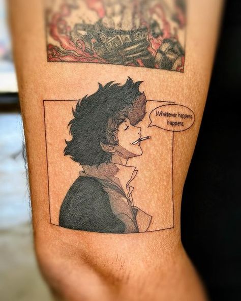 Manga Pannel Tattoos, Anime Tattoos With Meaning, Cowboy Beepboop Tattoo, Whatever Happens Happens Tattoo, Anime Leg Tattoo, Anime Panel Tattoo, Manga Panel Tattoos, Anime Tats, Cowboy Bebop Tattoo