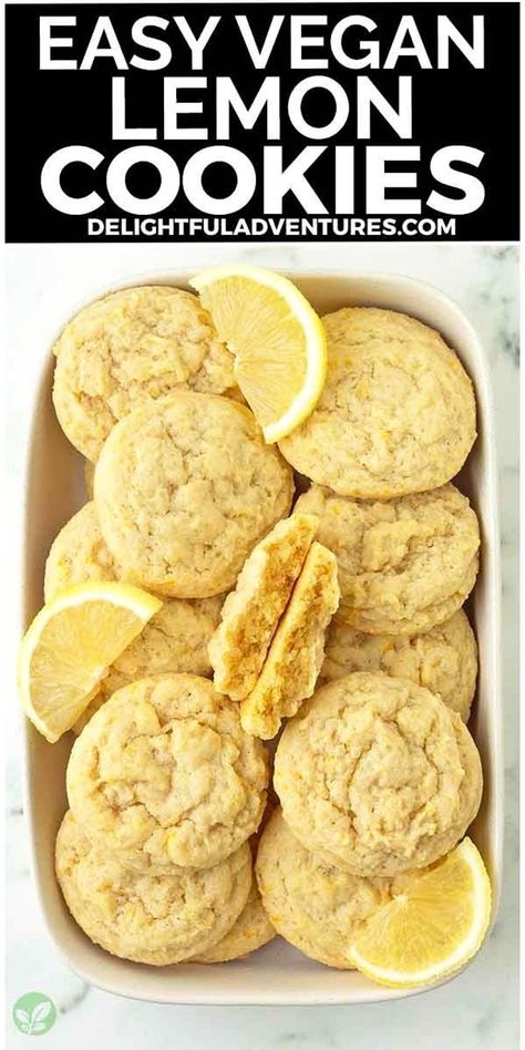 Indulge in these easy vegan lemon cookies—soft, chewy, sweet, and tangy, bursting with fresh lemon flavor, they're simply irresistible! They're quick to whip up, ready in under 30 minutes, and easily adaptable to a gluten-free version if necessary. Perfect for snacking or tucked into lunch boxes, these delectable lemon treats are perfect to add to your vegan baking list! Lemon Cookies Vegan, Vegan Biscuits Easy, Vegan Lemon Desserts Easy, No Bake Vegan Cookies, Love And Lemons Recipes, Vegan Cookies Recipes Easy, Lemon Recipes Vegan, Alkaline Cookies, Vegan Cookies Easy