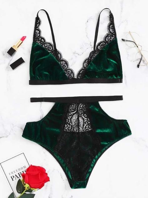 Shein Plus Contrast Lace Velvet Lingerie Set Pony Styles, Velvet Lingerie, Velvet Bra, Hot Lingerie, Satin Lingerie, Trendy Swimwear, Cute Lingerie, Lingerie Outfits, Velvet Lace