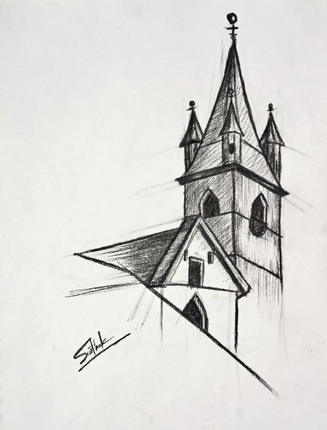 Perspective drawing with charcoal Gothic Architecture Drawing Easy, Easy Architecture Drawing, Old Building Sketch, Architecture Drawing Easy, Gothic Architecture Drawing, Pencil Sketches Landscape, City Sketches, Drawing With Charcoal, Beginner Sketches