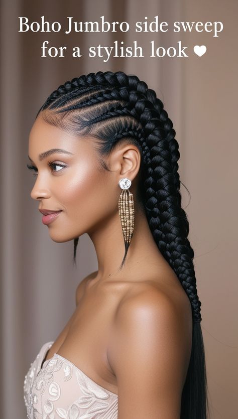 Boho Jumbo Cornrow Side Sweep for a Stylish Look 🌿 9 Braids Hairstyle, Beautiful Cornrows Black Women, Elegant Cornrow Hairstyles, Woman Braids Hairstyles, Trending Cornrows Hairstyles, Two Jumbo Braids, Natural Cornrow Hairstyles Short Hair, One Braid Hairstyles, Natural Hairstyles For Long Hair