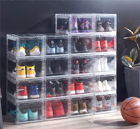 10Pcs Transparent Stackable Thick Plastic Shoe Box / Organizer Box / Sneaker Box With Magnetic Front Cover Shoe Box Display, Shoe Rack Drawer, Shoe Box Organizer, Plastic Shoe Boxes, Sneakers Box, High Top Basketball Shoes, Stackable Storage Bins, Box Display, Transparent Storage